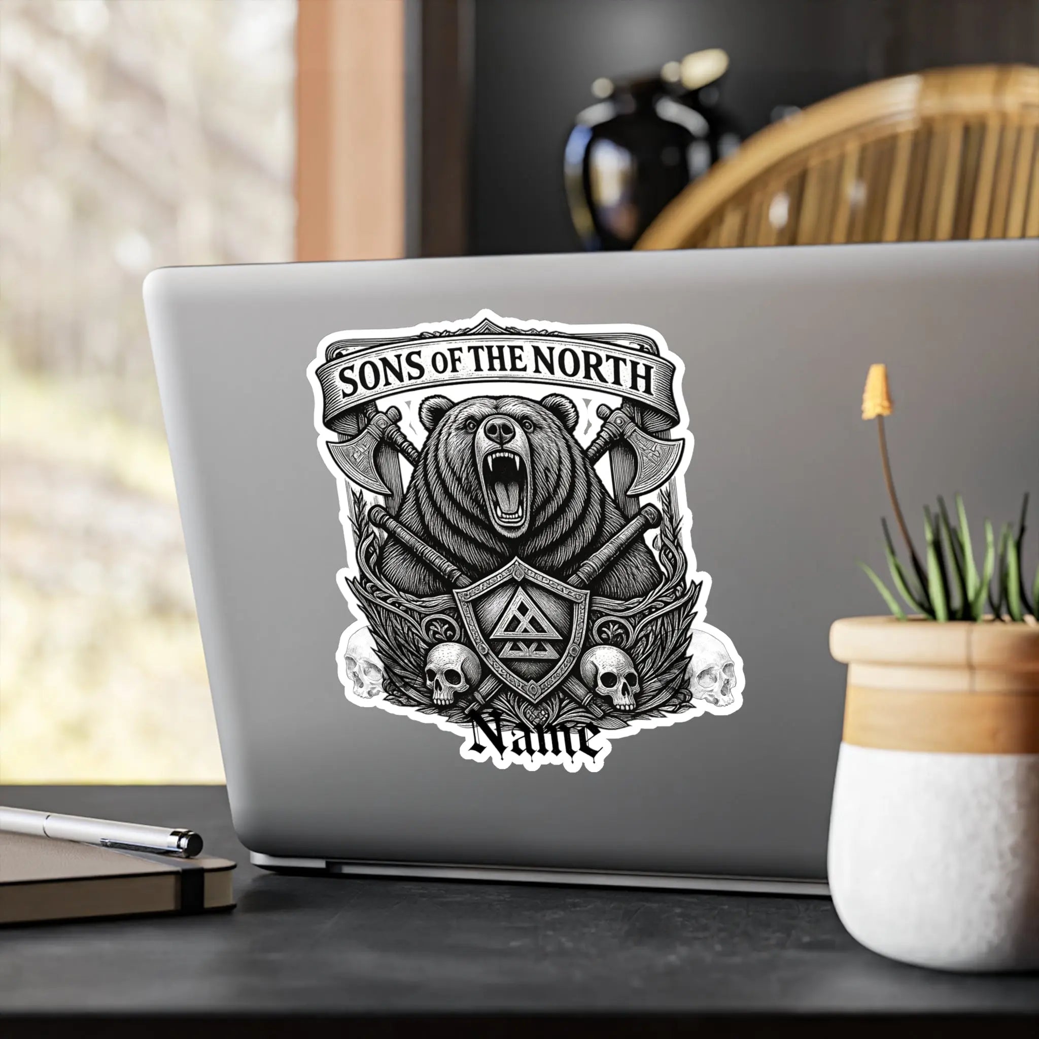 Printify Sons of the North Bear Crest Vinyl Decal — Custom Name Kiss-Cut Sticker - Decorative Stickers Paper products
